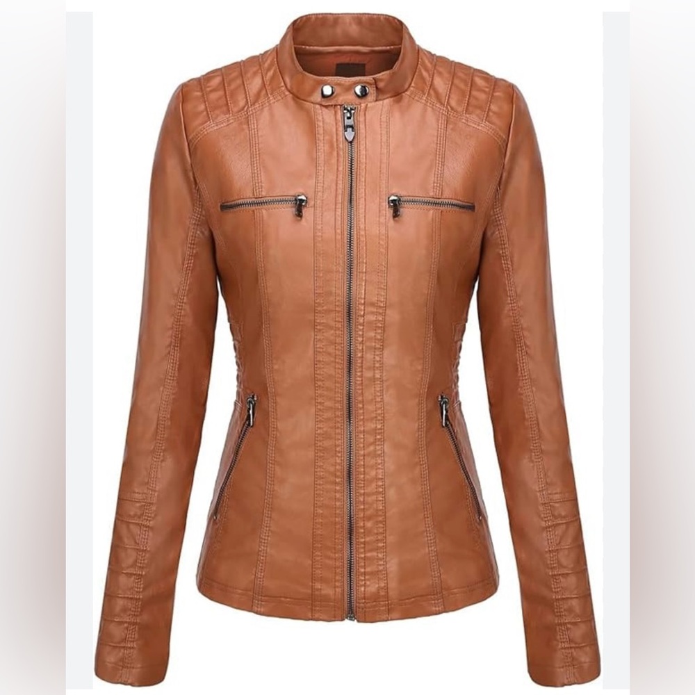 Springrain Camel Faux Leather Moto Jacket, Quilted Zip Pockets, Lined Medium